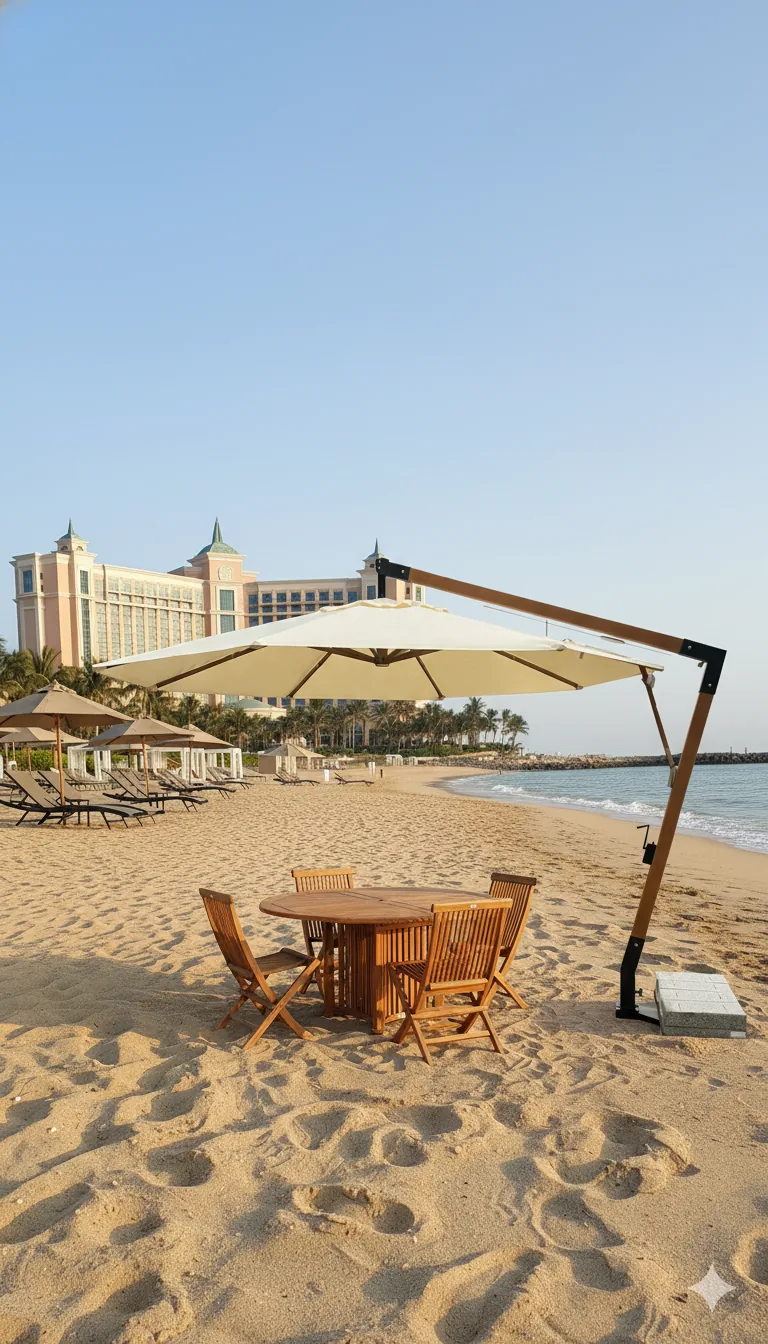 Set de teca con sombrilla frente al mar — hotel de playa