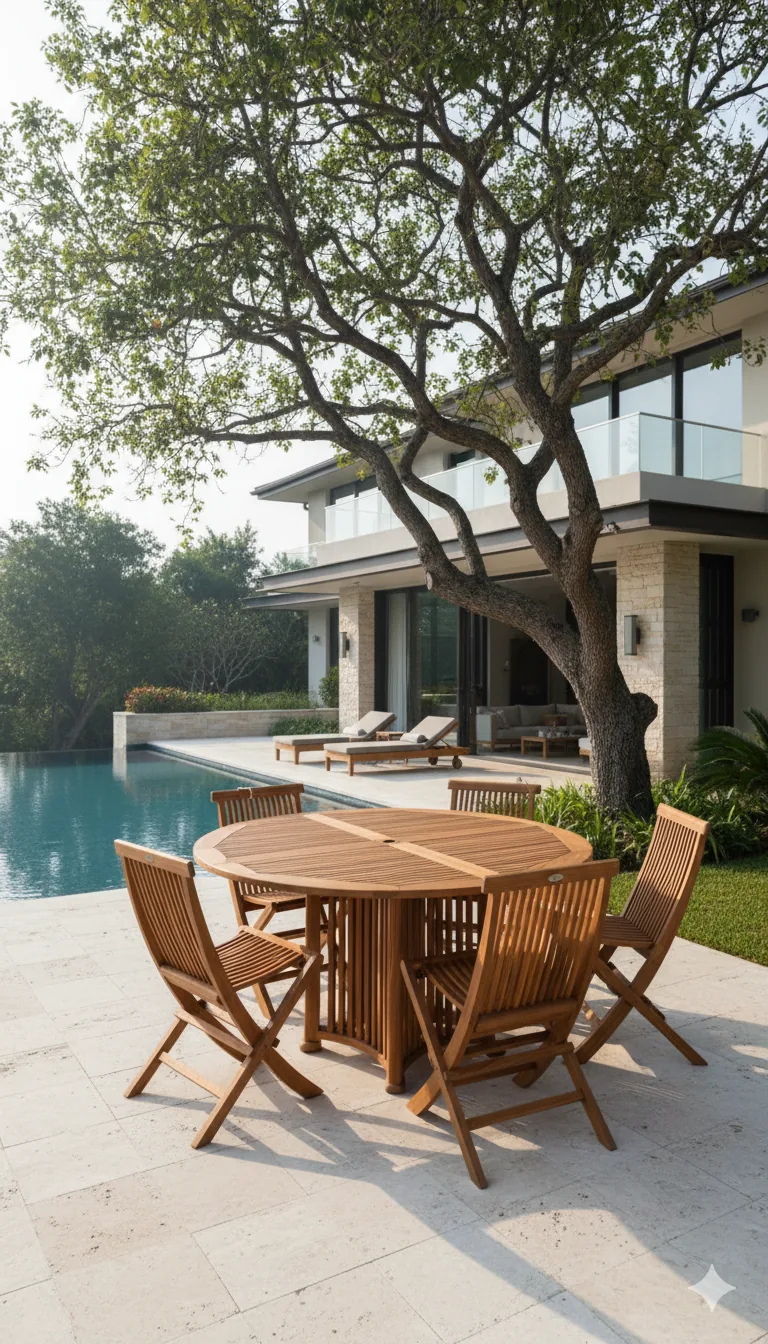 Comedor de teca junto a alberca — proyecto residencial Kontekas