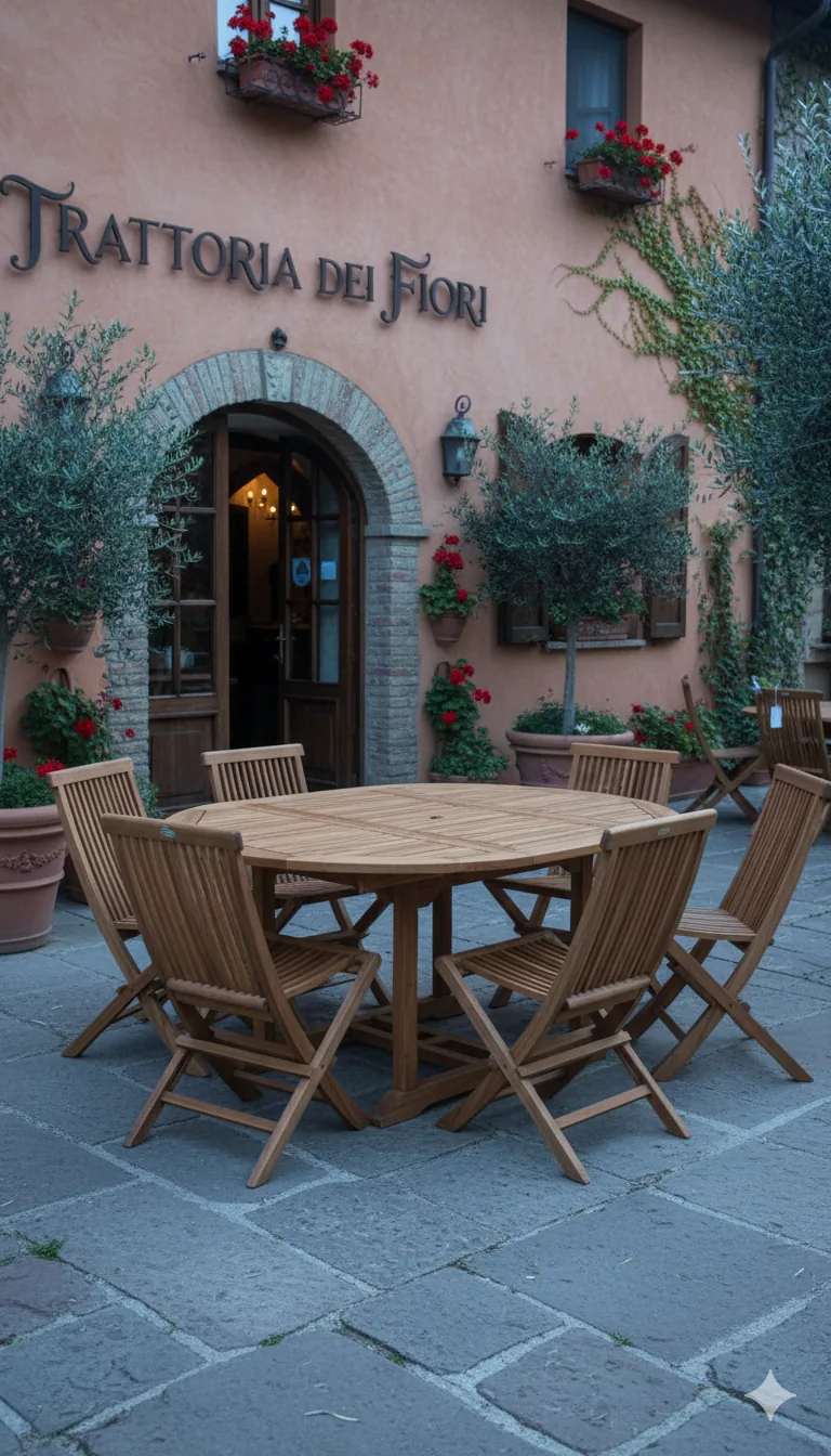 Set de comedor de teca en entrada de restaurante italiano