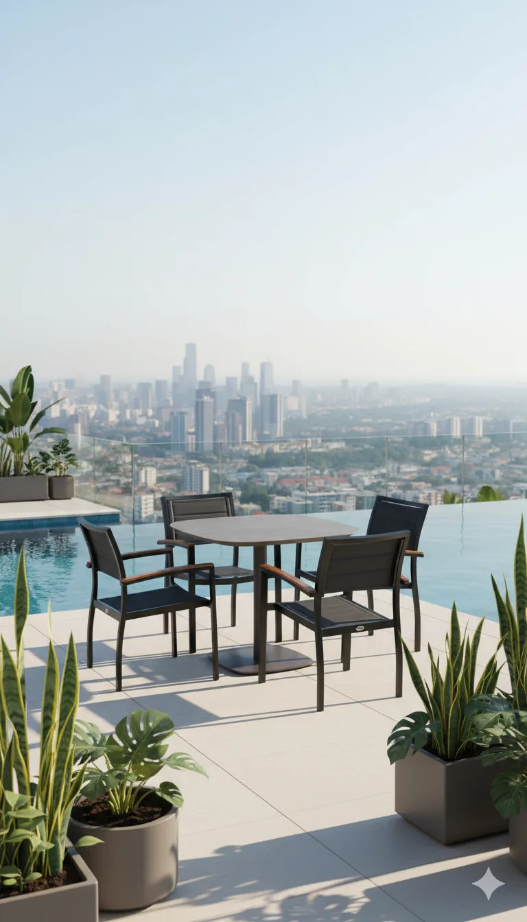 Juego de comedor de aluminio en rooftop con vista a la ciudad
